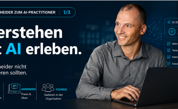 Führungskraft arbeitet selbst mit KI am Laptop, vom Entscheider zum AI-Practitioner