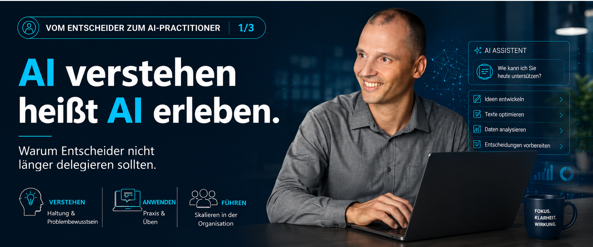 Führungskraft arbeitet selbst mit KI am Laptop, vom Entscheider zum AI-Practitioner