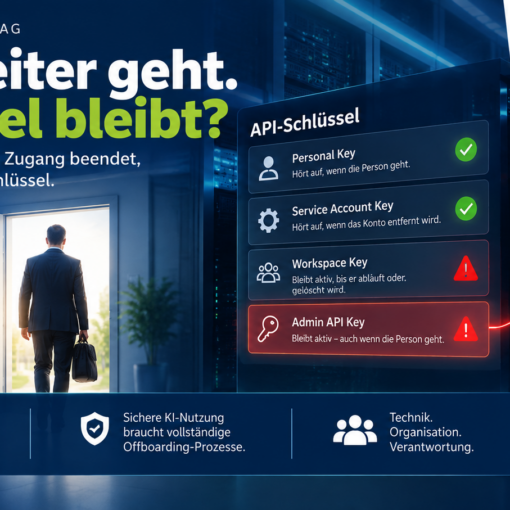 Infografik mit der Überschrift „Mitarbeiter geht. Schlüssel bleibt?“. Links ist ein sauber dokumentiertes Offboarding mit deaktiviertem Konto und entzogenen Gruppen dargestellt. Rechts werden verschiedene API-Schlüssel verglichen: Personal- und Service-Account-Schlüssel enden mit der zugehörigen Identität, während Workspace- und insbesondere Admin-API-Schlüssel weiter aktiv bleiben können. Die Kernaussage: Ein vollständiges Offboarding muss neben Benutzerkonten auch langlebige API-Schlüssel und Maschinenzugänge berücksichtigen.
