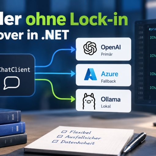 Infografik zum Thema Multi-Provider-KI in .NET mit IChatClient, Routing und Failover. Dargestellt ist eine Fallback-Kette von OpenAI über Azure bis zu einem lokalen Ollama-Modell sowie ein C#-Codebeispiel mit Microsoft.Extensions.AI. Die Kernaussage: KI-Anwendungen lassen sich providerunabhängig, ausfallsicher und mit lokalem Fallback aufbauen.