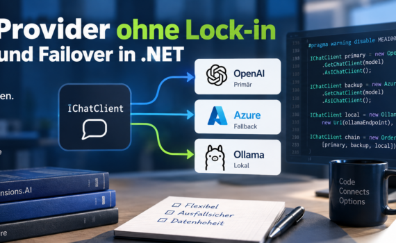 Infografik zum Thema Multi-Provider-KI in .NET mit IChatClient, Routing und Failover. Dargestellt ist eine Fallback-Kette von OpenAI über Azure bis zu einem lokalen Ollama-Modell sowie ein C#-Codebeispiel mit Microsoft.Extensions.AI. Die Kernaussage: KI-Anwendungen lassen sich providerunabhängig, ausfallsicher und mit lokalem Fallback aufbauen.