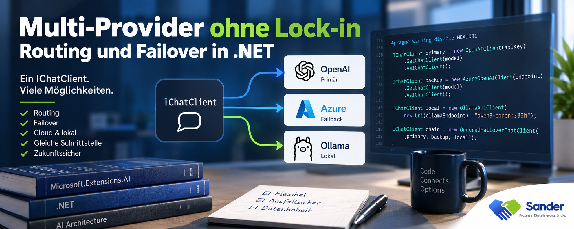Infografik zum Thema Multi-Provider-KI in .NET mit IChatClient, Routing und Failover. Dargestellt ist eine Fallback-Kette von OpenAI über Azure bis zu einem lokalen Ollama-Modell sowie ein C#-Codebeispiel mit Microsoft.Extensions.AI. Die Kernaussage: KI-Anwendungen lassen sich providerunabhängig, ausfallsicher und mit lokalem Fallback aufbauen.