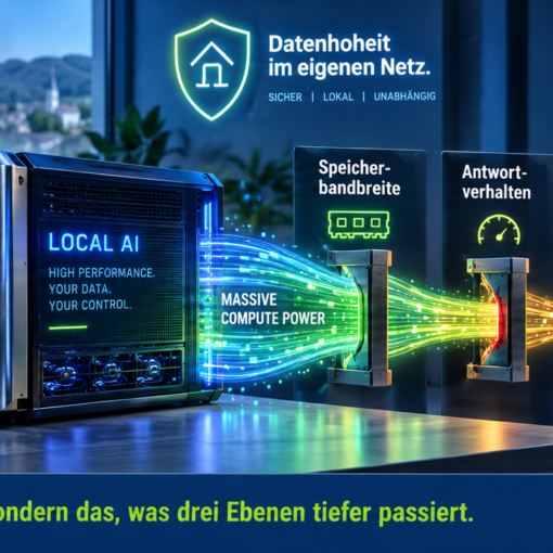 Infografik zum lokalen KI-Betrieb auf eigener Hardware. Im Mittelpunkt steht die Aussage „Petaflops sind nicht der Engpass“. Visualisiert werden Speicherbandbreite, Antwortverhalten und Aufgabenzuschnitt als entscheidende Faktoren für die tatsächliche Leistung lokaler KI-Systeme. Ergänzt werden Messwerte zu Tokenrate, Antwortzeit, Denkaufwand und Werkzeugumfang.