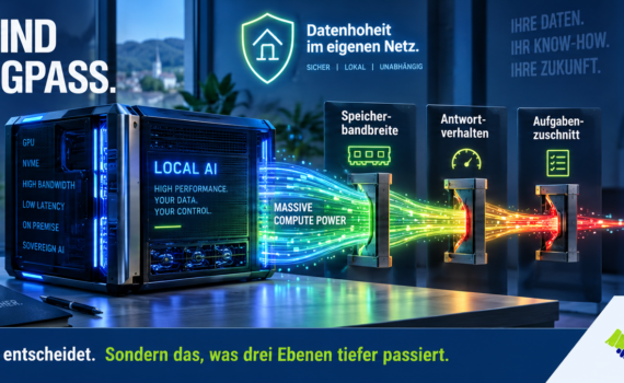 Infografik zum lokalen KI-Betrieb auf eigener Hardware. Im Mittelpunkt steht die Aussage „Petaflops sind nicht der Engpass“. Visualisiert werden Speicherbandbreite, Antwortverhalten und Aufgabenzuschnitt als entscheidende Faktoren für die tatsächliche Leistung lokaler KI-Systeme. Ergänzt werden Messwerte zu Tokenrate, Antwortzeit, Denkaufwand und Werkzeugumfang.