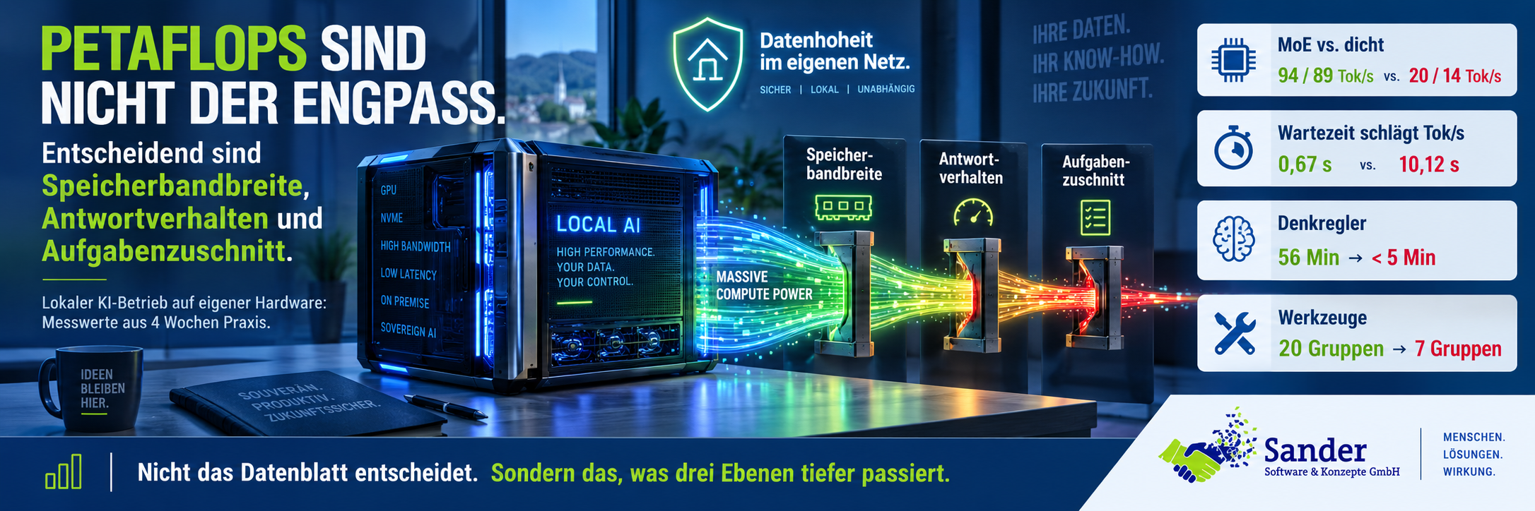 Infografik zum lokalen KI-Betrieb auf eigener Hardware. Im Mittelpunkt steht die Aussage „Petaflops sind nicht der Engpass“. Visualisiert werden Speicherbandbreite, Antwortverhalten und Aufgabenzuschnitt als entscheidende Faktoren für die tatsächliche Leistung lokaler KI-Systeme. Ergänzt werden Messwerte zu Tokenrate, Antwortzeit, Denkaufwand und Werkzeugumfang.