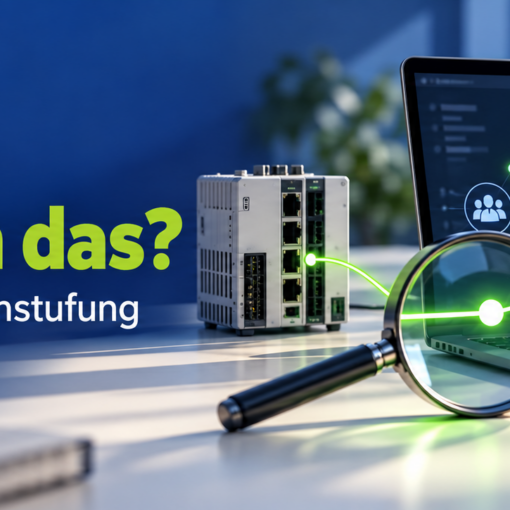 Titelbild „CRA: Betrifft mich das? Fünf Fragen zur Selbst-Einstufung“. Eine Lupe liegt auf einem Schreibtisch zwischen einer Industriesteuerung, einem Laptop und einem Router. Leuchtende Datenleitungen verbinden die Geräte, auf dem Laptop ist ein Netz aus Benutzer- und Gruppensymbolen für Identitätsmanagement zu sehen.