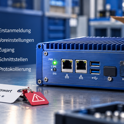 Titelbild „CRA · Teil 2: Sicher ab Werk? Fünf Fragen an Ihr Produkt“. Ein blauer Industrie-PC mit Netzwerk-, USB-, HDMI- und COM-Anschlüssen steht frisch ausgepackt auf einer Werkbank, davor ein Anhänger mit der Aufschrift „Standard-Passwort“. Daneben eine Checkliste: Erstanmeldung, Voreinstellungen, Zugang, Schnittstellen, Protokollierung.