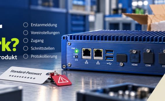 Titelbild „CRA · Teil 2: Sicher ab Werk? Fünf Fragen an Ihr Produkt“. Ein blauer Industrie-PC mit Netzwerk-, USB-, HDMI- und COM-Anschlüssen steht frisch ausgepackt auf einer Werkbank, davor ein Anhänger mit der Aufschrift „Standard-Passwort“. Daneben eine Checkliste: Erstanmeldung, Voreinstellungen, Zugang, Schnittstellen, Protokollierung.