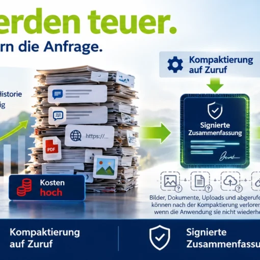 „Lange Läufe werden teuer“. Dargestellt ist, wie der Kontext eines KI-Agenten im Tagesverlauf immer weiter anwächst, weil jede neue Anfrage die bisherige Historie erneut mitsendet. In der Mitte wird die Kompaktierung auf Zuruf gezeigt: Der lange Verlauf wird zu einer signierten Zusammenfassung verdichtet, mit der der Agent anschließend effizienter weiterarbeiten kann. Das Bild weist außerdem darauf hin, dass Inhalte wie Bilder, Dokumente, Uploads und abgerufene URLs nach der Kompaktierung verloren gehen können und die Kosten in usage.iterations erfasst werden.