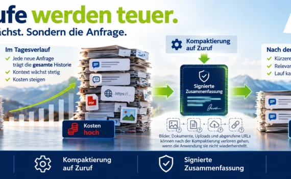 „Lange Läufe werden teuer“. Dargestellt ist, wie der Kontext eines KI-Agenten im Tagesverlauf immer weiter anwächst, weil jede neue Anfrage die bisherige Historie erneut mitsendet. In der Mitte wird die Kompaktierung auf Zuruf gezeigt: Der lange Verlauf wird zu einer signierten Zusammenfassung verdichtet, mit der der Agent anschließend effizienter weiterarbeiten kann. Das Bild weist außerdem darauf hin, dass Inhalte wie Bilder, Dokumente, Uploads und abgerufene URLs nach der Kompaktierung verloren gehen können und die Kosten in usage.iterations erfasst werden.