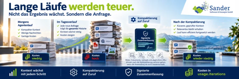 „Lange Läufe werden teuer“. Dargestellt ist, wie der Kontext eines KI-Agenten im Tagesverlauf immer weiter anwächst, weil jede neue Anfrage die bisherige Historie erneut mitsendet. In der Mitte wird die Kompaktierung auf Zuruf gezeigt: Der lange Verlauf wird zu einer signierten Zusammenfassung verdichtet, mit der der Agent anschließend effizienter weiterarbeiten kann. Das Bild weist außerdem darauf hin, dass Inhalte wie Bilder, Dokumente, Uploads und abgerufene URLs nach der Kompaktierung verloren gehen können und die Kosten in usage.iterations erfasst werden.