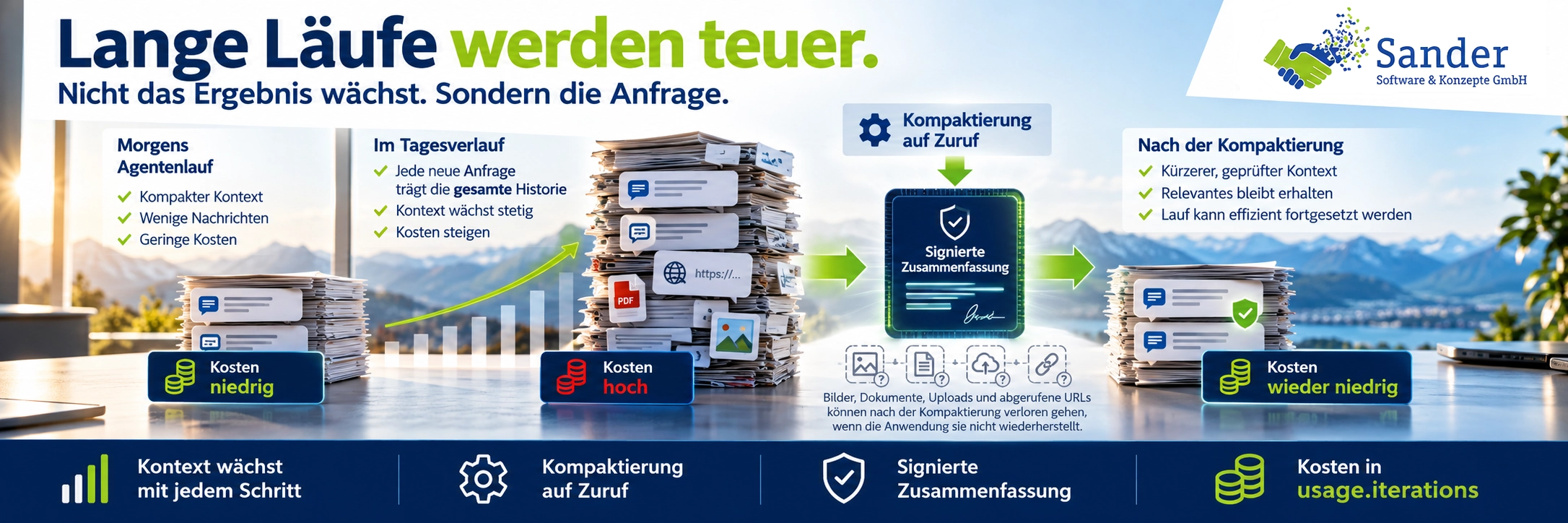 „Lange Läufe werden teuer“. Dargestellt ist, wie der Kontext eines KI-Agenten im Tagesverlauf immer weiter anwächst, weil jede neue Anfrage die bisherige Historie erneut mitsendet. In der Mitte wird die Kompaktierung auf Zuruf gezeigt: Der lange Verlauf wird zu einer signierten Zusammenfassung verdichtet, mit der der Agent anschließend effizienter weiterarbeiten kann. Das Bild weist außerdem darauf hin, dass Inhalte wie Bilder, Dokumente, Uploads und abgerufene URLs nach der Kompaktierung verloren gehen können und die Kosten in usage.iterations erfasst werden.
