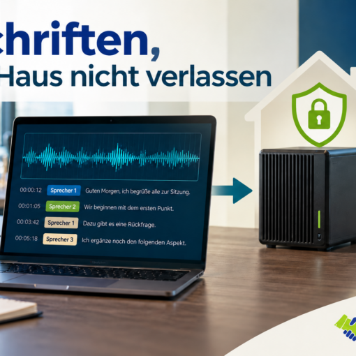 „Mitschriften, die das Haus nicht verlassen“. Zu sehen sind ein Besprechungsmikrofon, ein Laptop mit einer Transkription samt Zeitmarken und Sprecherzuordnung sowie ein lokaler Server im eigenen Netz. Die Aufnahme wird lokal verarbeitet und anschließend als Protokoll-PDF, Markdown-Datei und Untertitel ausgegeben. Ein Haus mit Schutzschild symbolisiert, dass die Verarbeitung ohne Cloud-Dienst erfolgt und die Daten im Unternehmen bleiben.