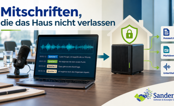 „Mitschriften, die das Haus nicht verlassen“. Zu sehen sind ein Besprechungsmikrofon, ein Laptop mit einer Transkription samt Zeitmarken und Sprecherzuordnung sowie ein lokaler Server im eigenen Netz. Die Aufnahme wird lokal verarbeitet und anschließend als Protokoll-PDF, Markdown-Datei und Untertitel ausgegeben. Ein Haus mit Schutzschild symbolisiert, dass die Verarbeitung ohne Cloud-Dienst erfolgt und die Daten im Unternehmen bleiben.