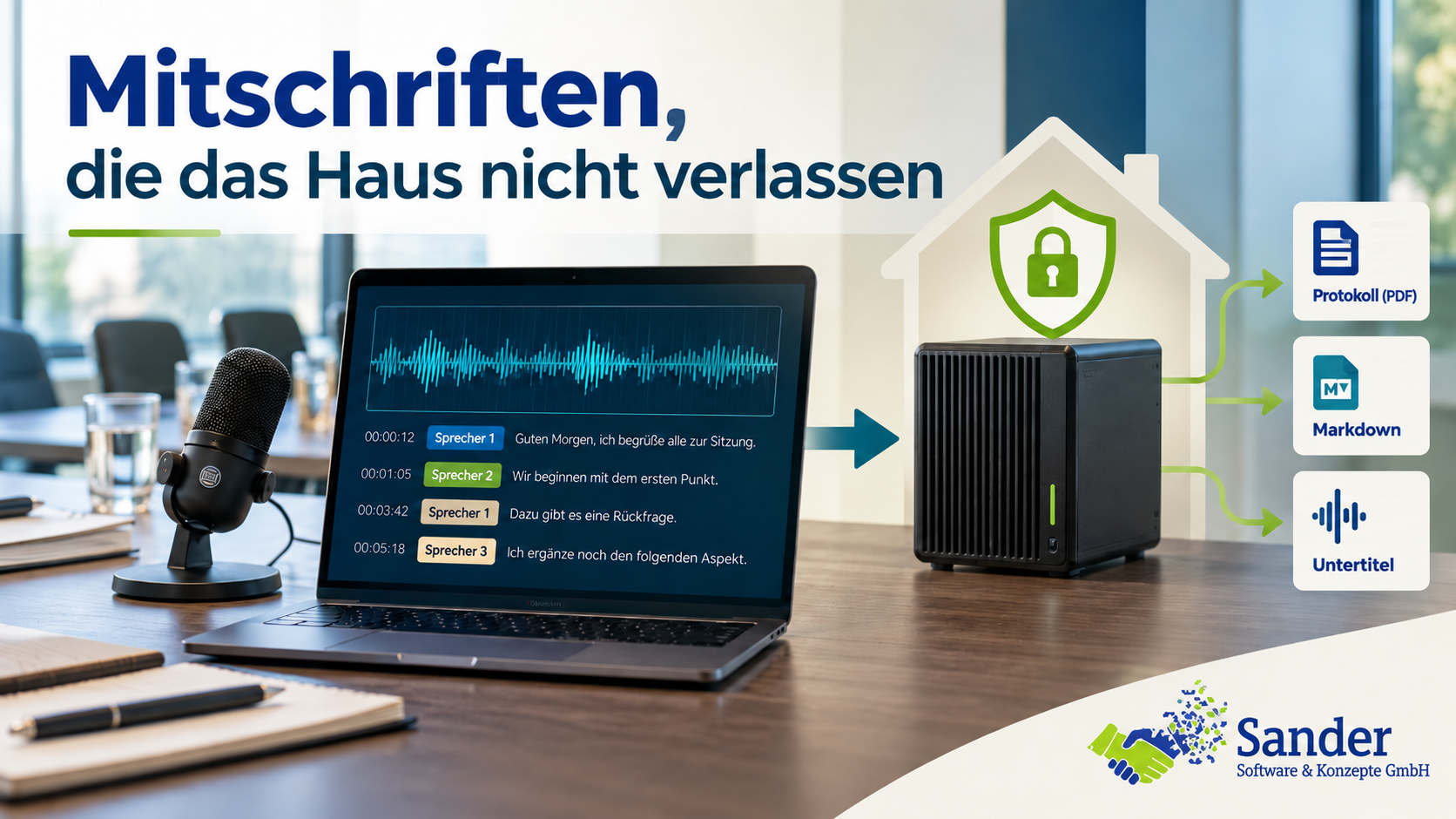 „Mitschriften, die das Haus nicht verlassen“. Zu sehen sind ein Besprechungsmikrofon, ein Laptop mit einer Transkription samt Zeitmarken und Sprecherzuordnung sowie ein lokaler Server im eigenen Netz. Die Aufnahme wird lokal verarbeitet und anschließend als Protokoll-PDF, Markdown-Datei und Untertitel ausgegeben. Ein Haus mit Schutzschild symbolisiert, dass die Verarbeitung ohne Cloud-Dienst erfolgt und die Daten im Unternehmen bleiben.