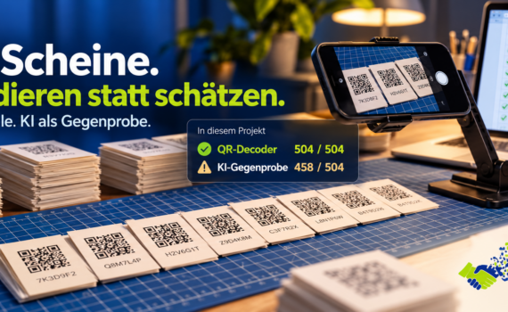 „504 Scheine. Dekodieren statt schätzen. QR als Quelle. KI als Gegenprobe.“ Zu sehen sind Stapel kleiner Vereinsscheine mit QR-Codes, eine Reihe Scheine auf einer Schneidematte, ein Smartphone im Halter, das die Scheine fotografiert, und ein Laptop mit einer Liste abgehakter Codes. Eine Einblendung zeigt das Ergebnis des Projekts: QR-Decoder 504 von 504, KI-Gegenprobe 458 von 504.