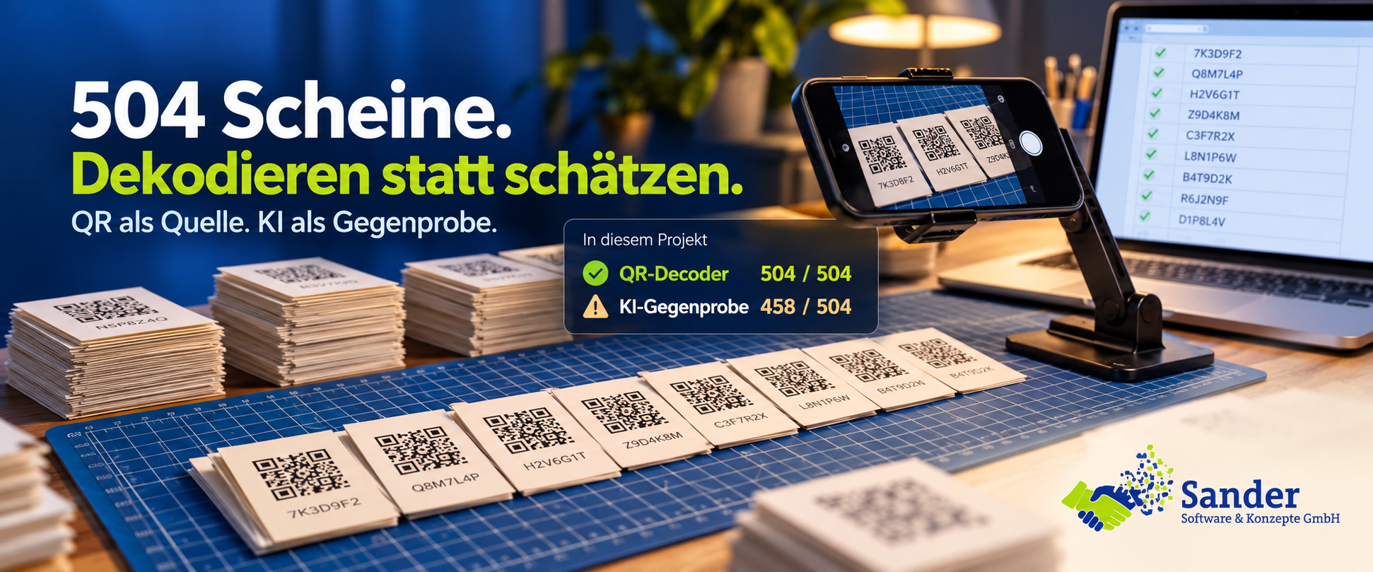 „504 Scheine. Dekodieren statt schätzen. QR als Quelle. KI als Gegenprobe.“ Zu sehen sind Stapel kleiner Vereinsscheine mit QR-Codes, eine Reihe Scheine auf einer Schneidematte, ein Smartphone im Halter, das die Scheine fotografiert, und ein Laptop mit einer Liste abgehakter Codes. Eine Einblendung zeigt das Ergebnis des Projekts: QR-Decoder 504 von 504, KI-Gegenprobe 458 von 504.
